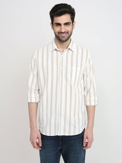 Parx Men White Stripe Slim Fit Cotton Full Sleeve Casual Shirt
