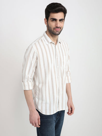 Parx Men White Stripe Slim Fit Cotton Full Sleeve Casual Shirt