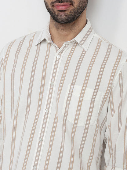Parx Men White Stripe Slim Fit Cotton Full Sleeve Casual Shirt