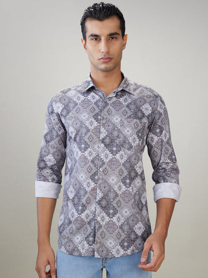 Parx Men Grey Printed Slim Fit Cotton Full Sleeve Casual Shirt