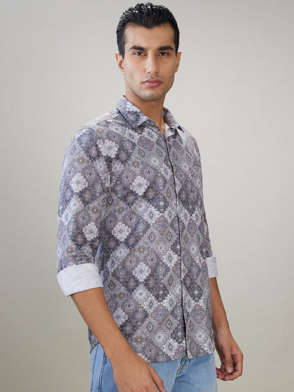 Parx Men Grey Printed Slim Fit Cotton Full Sleeve Casual Shirt