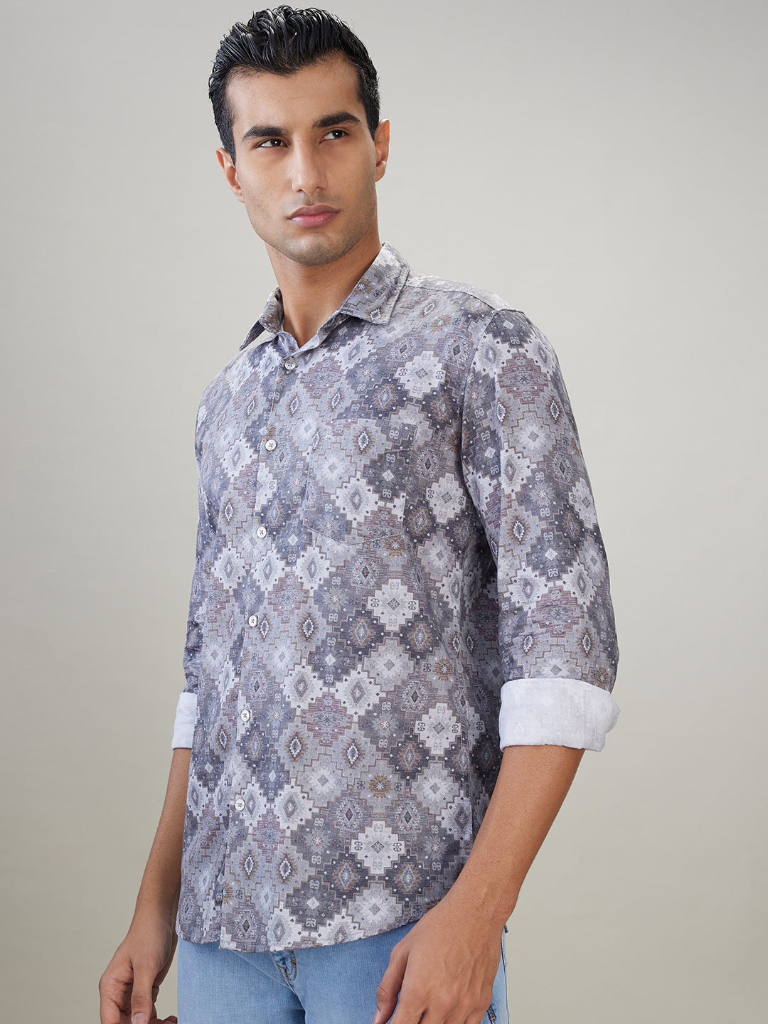Parx Men Grey Printed Slim Fit Cotton Full Sleeve Casual Shirt