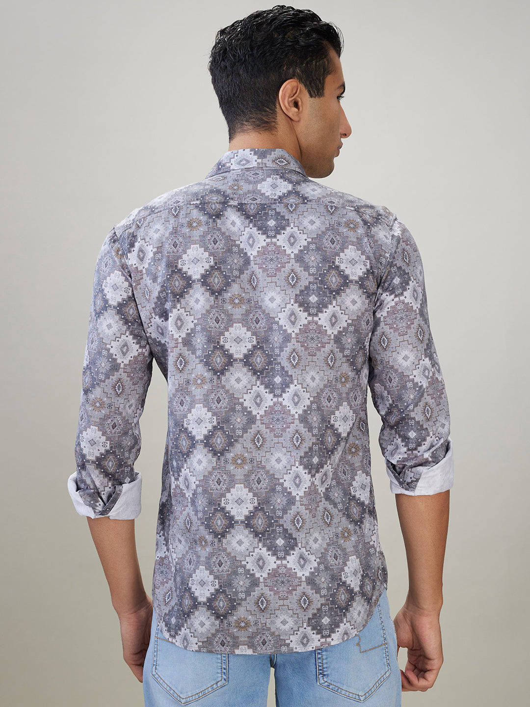 Parx Men Grey Printed Slim Fit Cotton Full Sleeve Casual Shirt