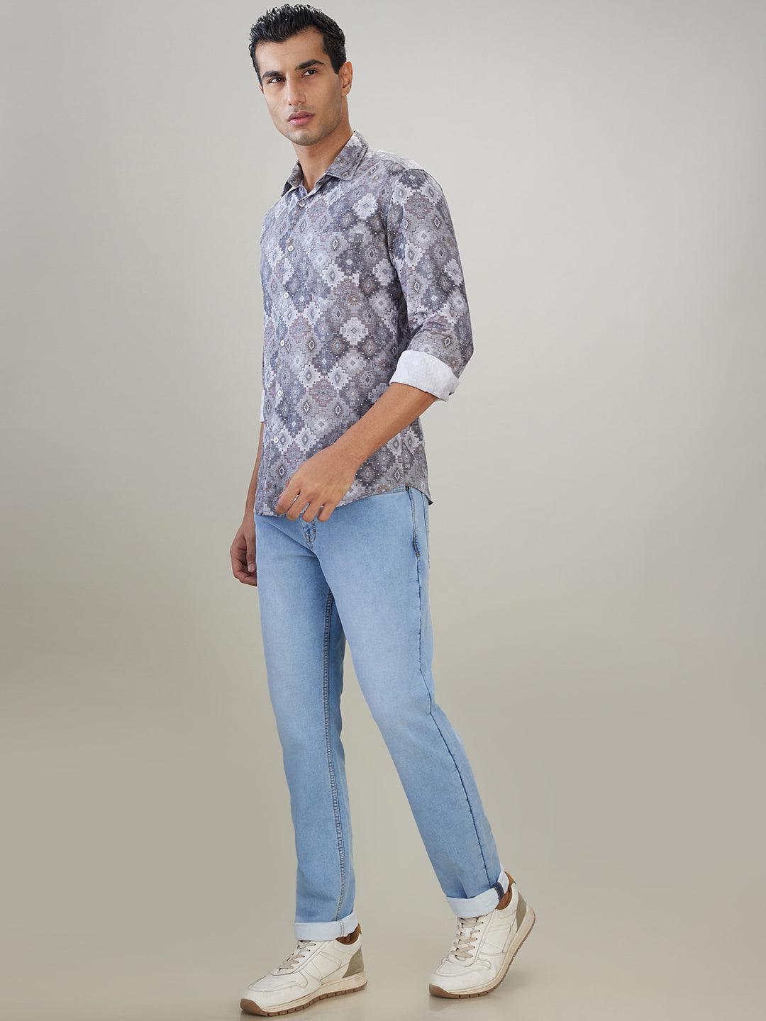 Parx Men Grey Printed Slim Fit Cotton Full Sleeve Casual Shirt