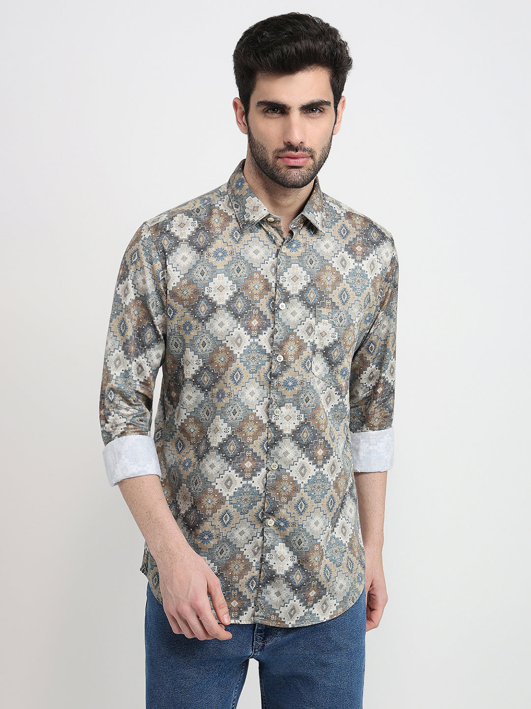 Parx Men Yellow Printed Slim Fit Cotton Full Sleeve Casual Shirt