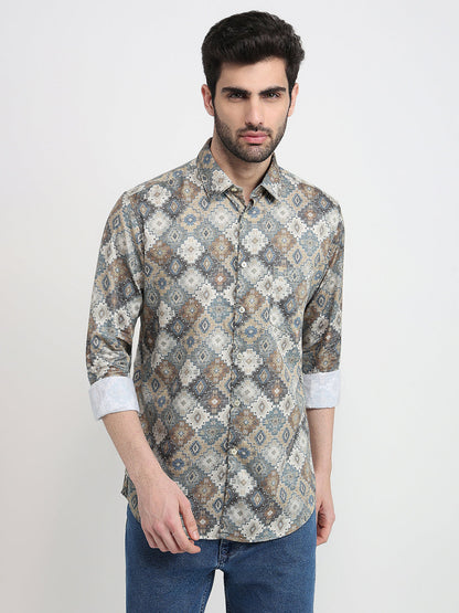 Parx Men Yellow Printed Slim Fit Cotton Full Sleeve Casual Shirt