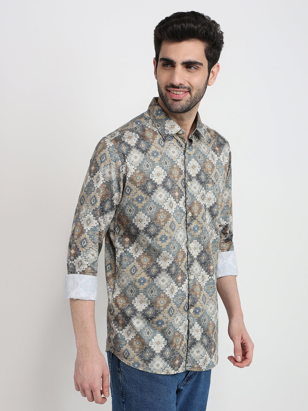 Parx Men Yellow Printed Slim Fit Cotton Full Sleeve Casual Shirt