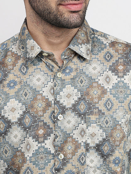 Parx Men Yellow Printed Slim Fit Cotton Full Sleeve Casual Shirt