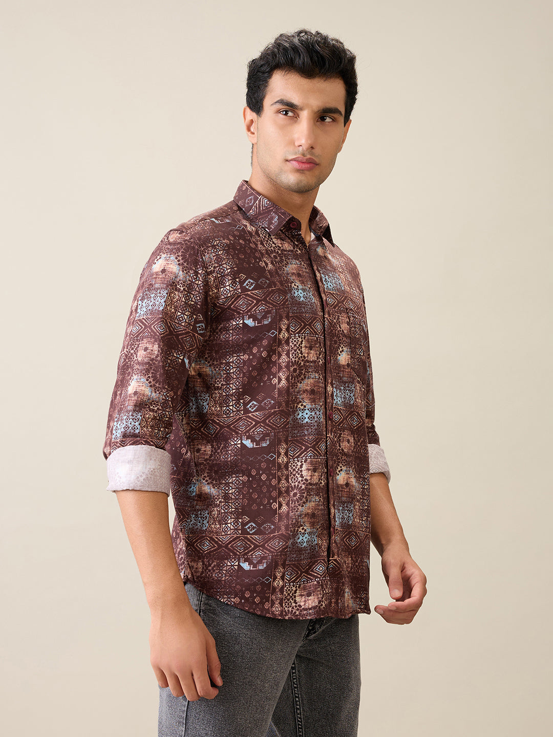 Parx Men Red Printed Slim Fit Cotton Full Sleeve Casual Shirt