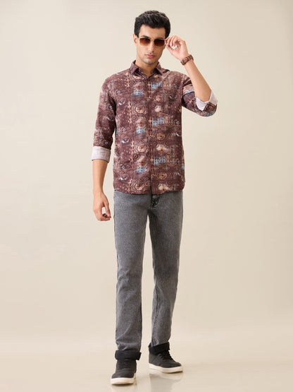 Parx Men Red Printed Slim Fit Cotton Full Sleeve Casual Shirt