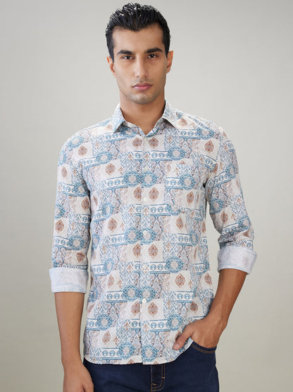 Parx Men Brown Printed Slim Fit Cotton Full Sleeve Casual Shirt