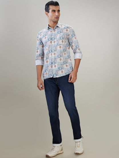 Parx Men Brown Printed Slim Fit Cotton Full Sleeve Casual Shirt