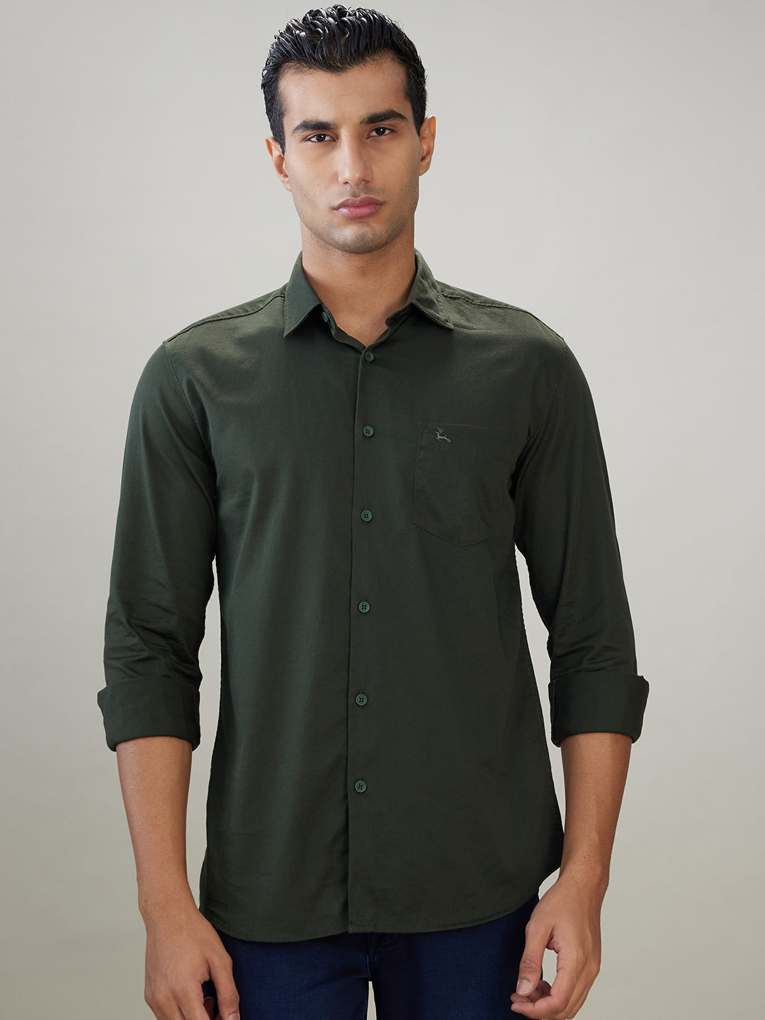 Parx Men Green Solid Slim Fit Cotton Blend Full Sleeve Casual Shirt