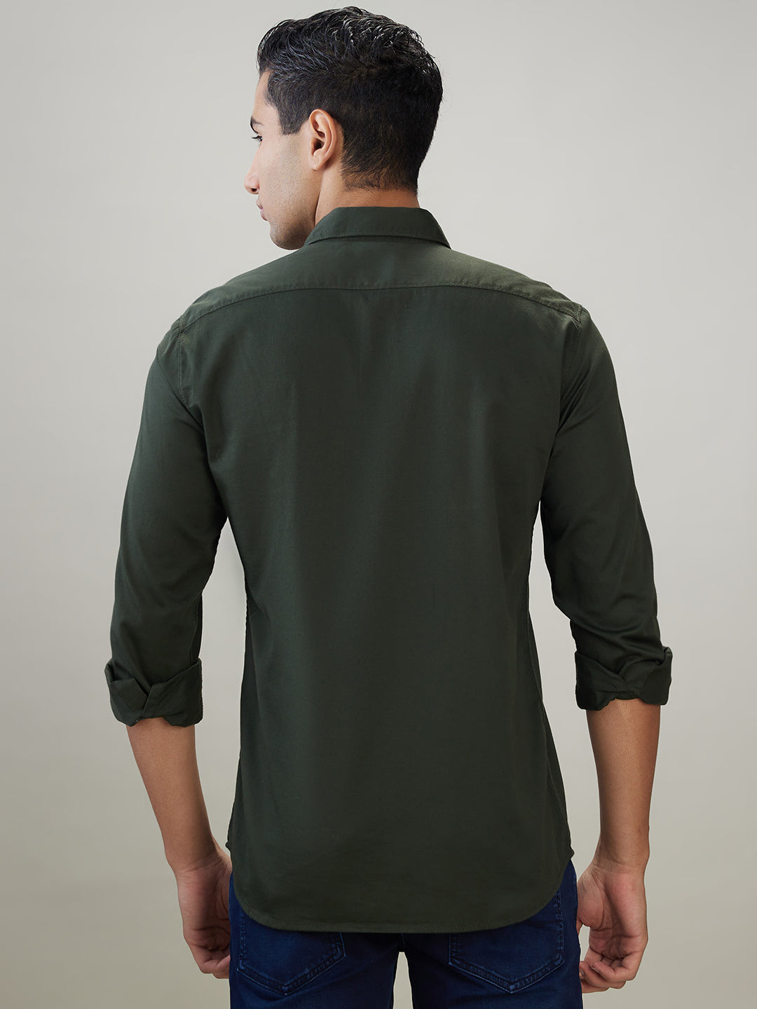 Parx Men Green Solid Slim Fit Cotton Blend Full Sleeve Casual Shirt