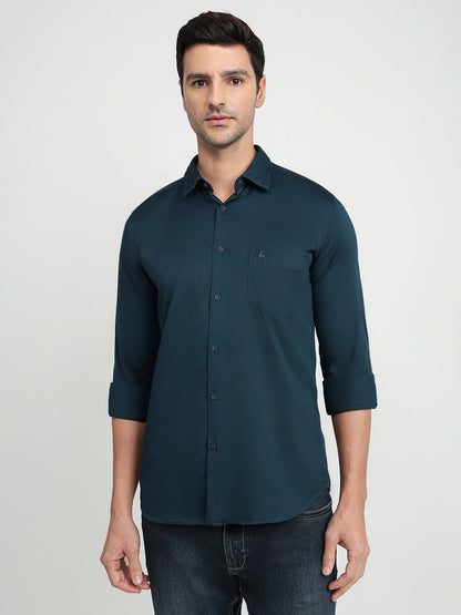 Parx Men Blue Solid Slim Fit Cotton Blend Full Sleeve Casual Shirt