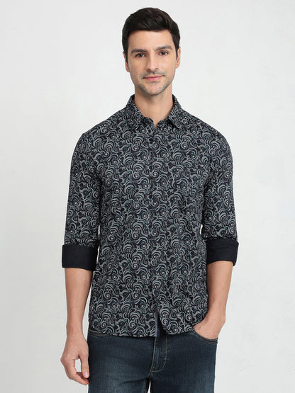 Parx Men Blue Printed Slim Fit Cotton Full Sleeve Casual Shirt