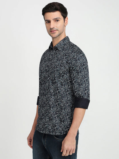 Parx Men Blue Printed Slim Fit Cotton Full Sleeve Casual Shirt