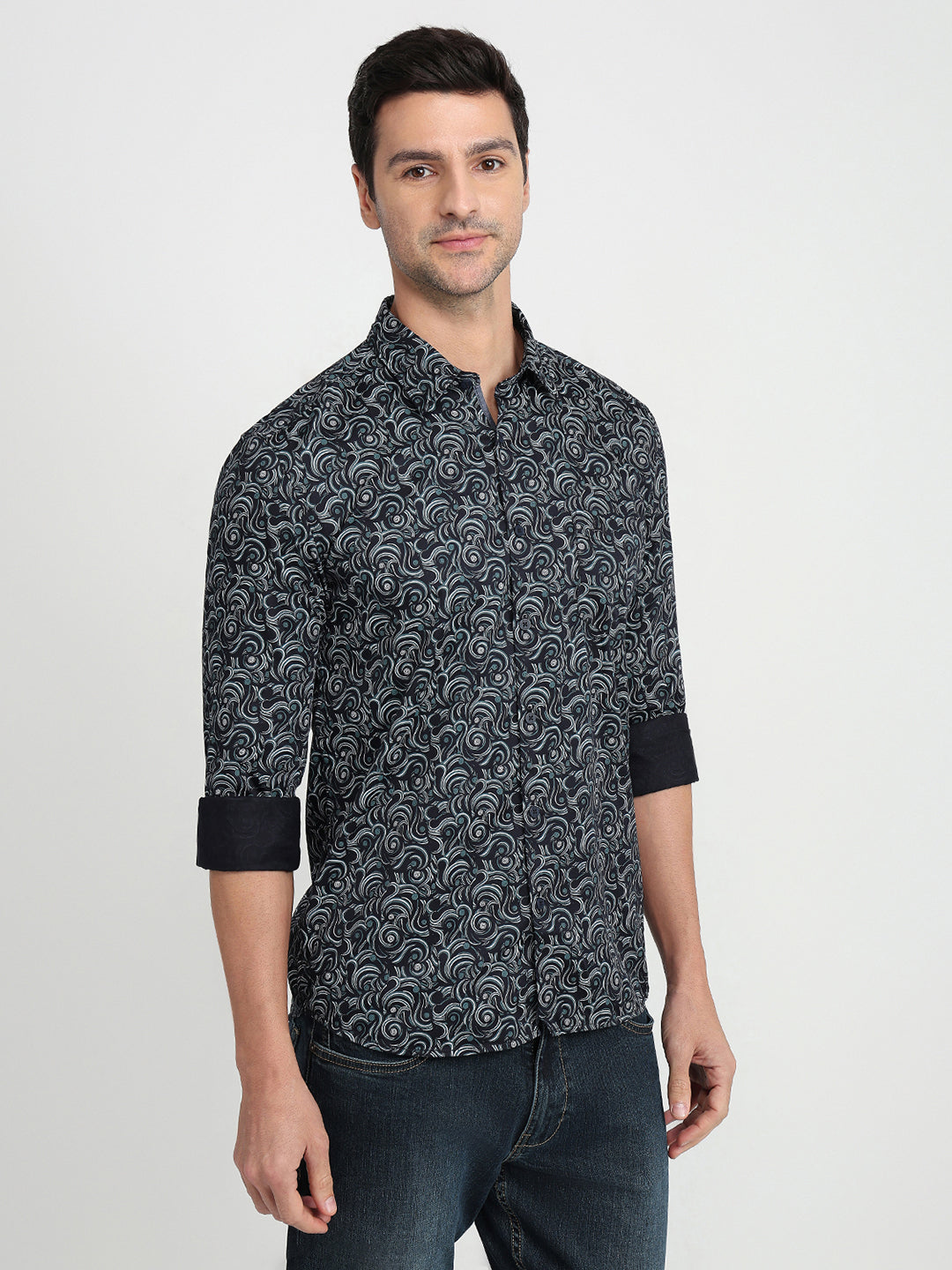 Parx Men Blue Printed Slim Fit Cotton Full Sleeve Casual Shirt