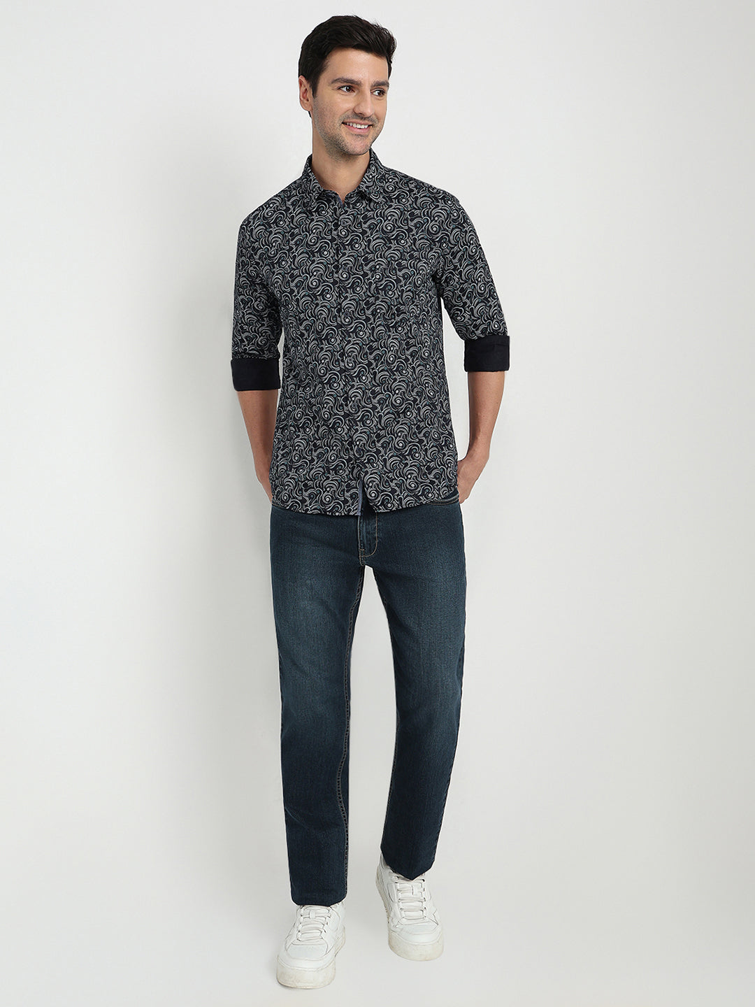 Parx Men Blue Printed Slim Fit Cotton Full Sleeve Casual Shirt