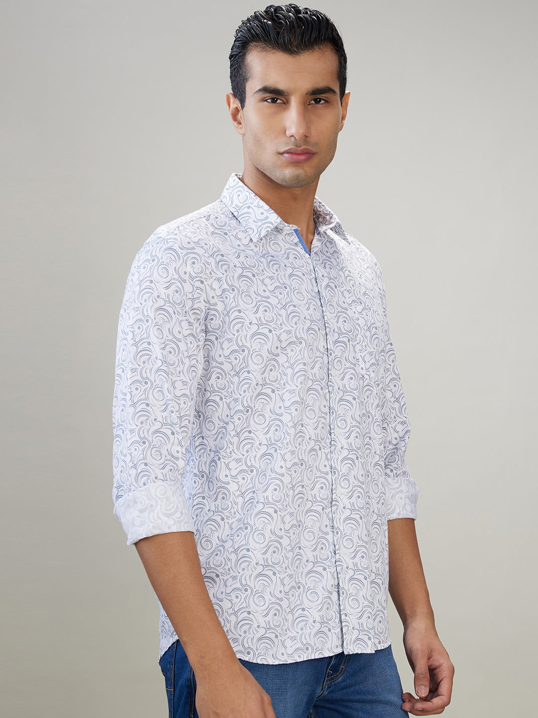 Parx Men White Printed Slim Fit Cotton Full Sleeve Casual Shirt