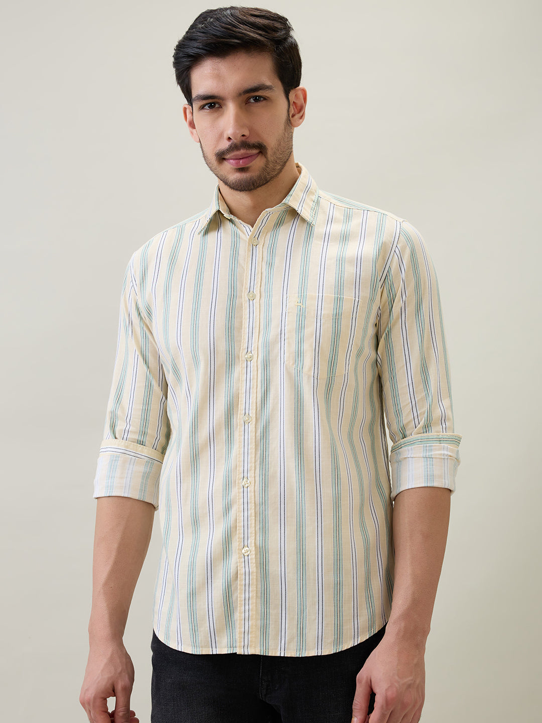 Parx Men Yellow Stripe Slim Fit Cotton Full Sleeve Casual Shirt