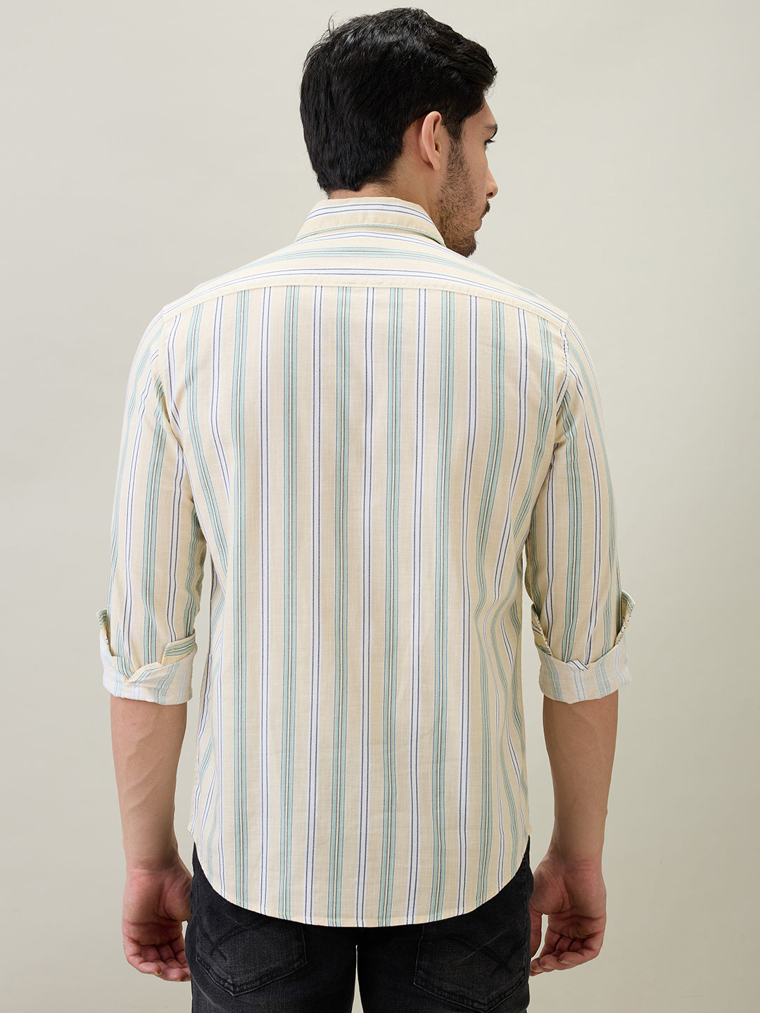 Parx Men Yellow Stripe Slim Fit Cotton Full Sleeve Casual Shirt