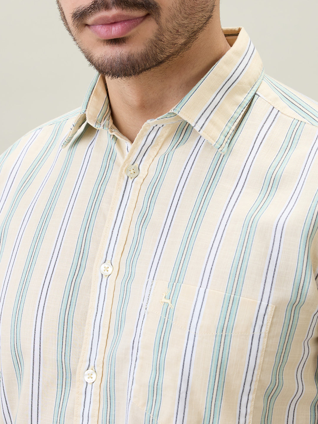 Parx Men Yellow Stripe Slim Fit Cotton Full Sleeve Casual Shirt