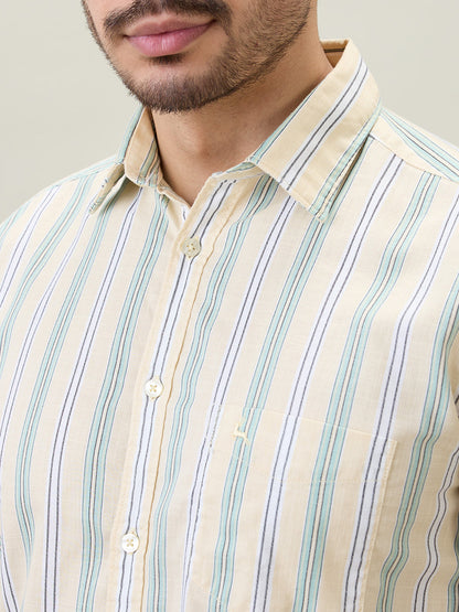 Parx Men Yellow Stripe Slim Fit Cotton Full Sleeve Casual Shirt