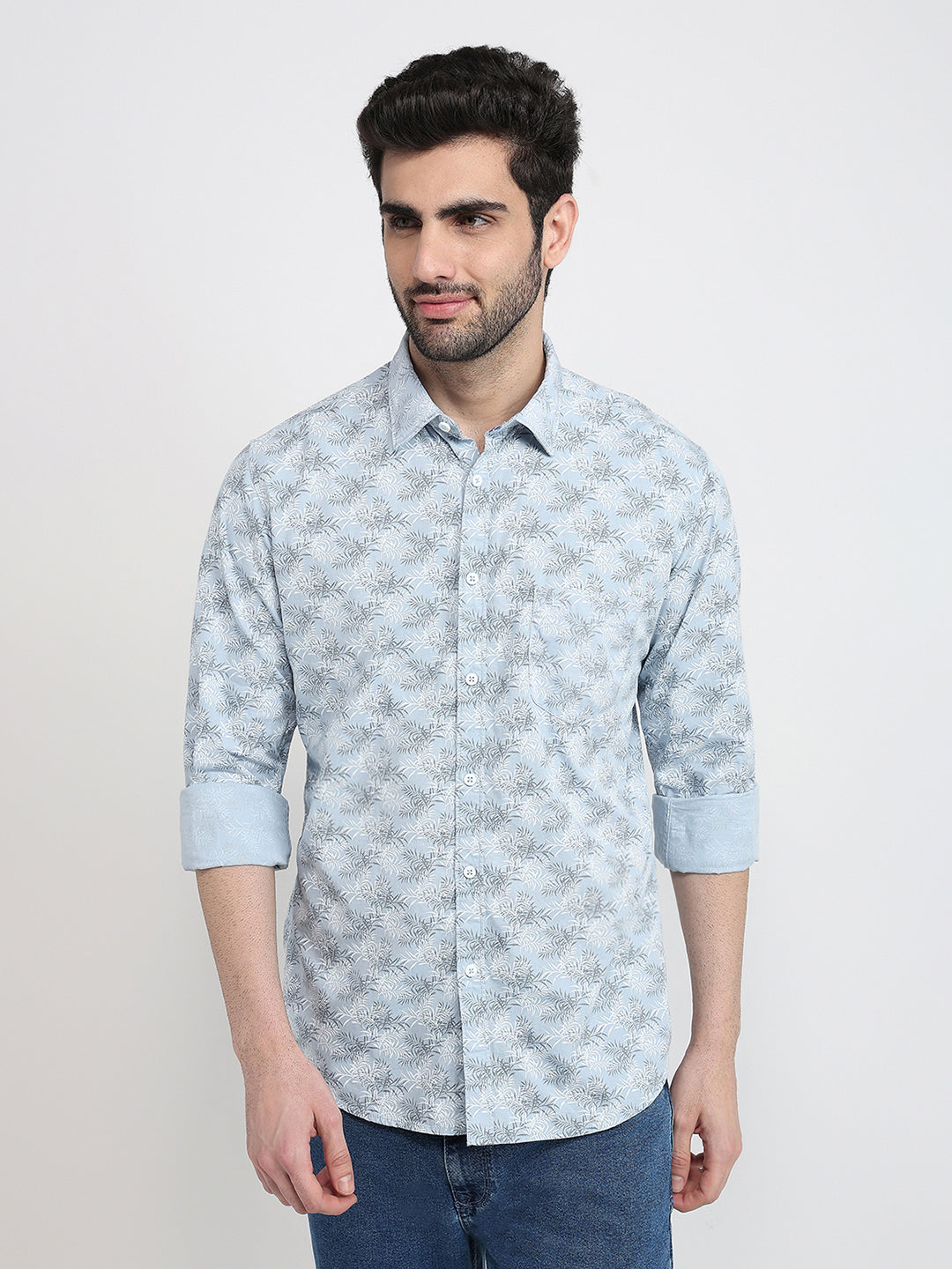 Parx Men Grey Printed Slim Fit Cotton Blend Full Sleeve Cut Away Collar Casual Shirt