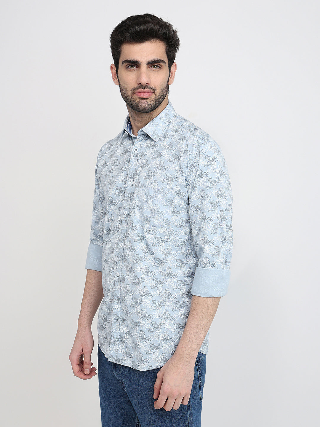 Parx Men Grey Printed Slim Fit Cotton Blend Full Sleeve Cut Away Collar Casual Shirt