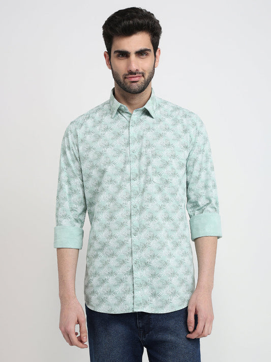 Parx Men Green Printed Slim Fit Cotton Blend Full Sleeve Cut Away Collar Casual Shirt