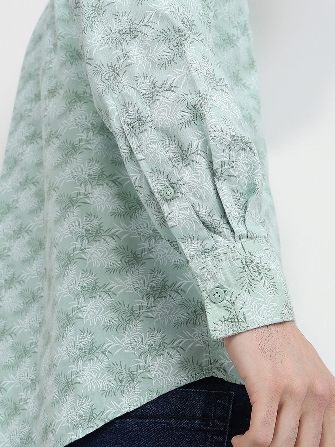 Parx Men Green Printed Slim Fit Cotton Blend Full Sleeve Cut Away Collar Casual Shirt