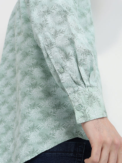 Parx Men Green Printed Slim Fit Cotton Blend Full Sleeve Cut Away Collar Casual Shirt