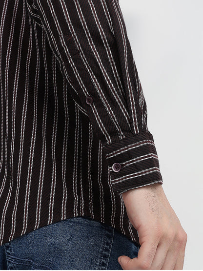 Parx Men Maroon Stripe Slim Fit Cotton Full Sleeve Casual Shirt