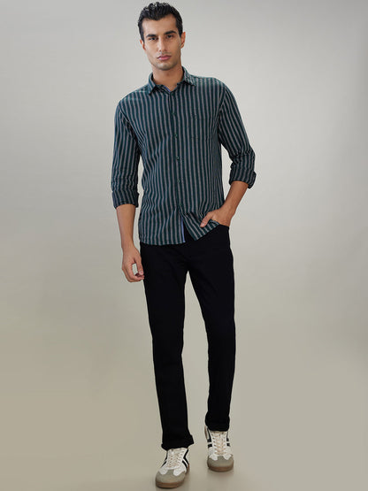 Parx Men Green Stripe Slim Fit Cotton Full Sleeve Cut Away Collar Casual Shirt