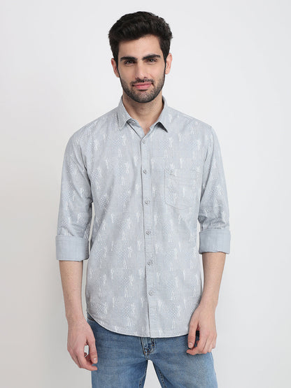 Parx Men Grey Printed Slim Fit Cotton Full Sleeve Cut Away Collar Casual Shirt