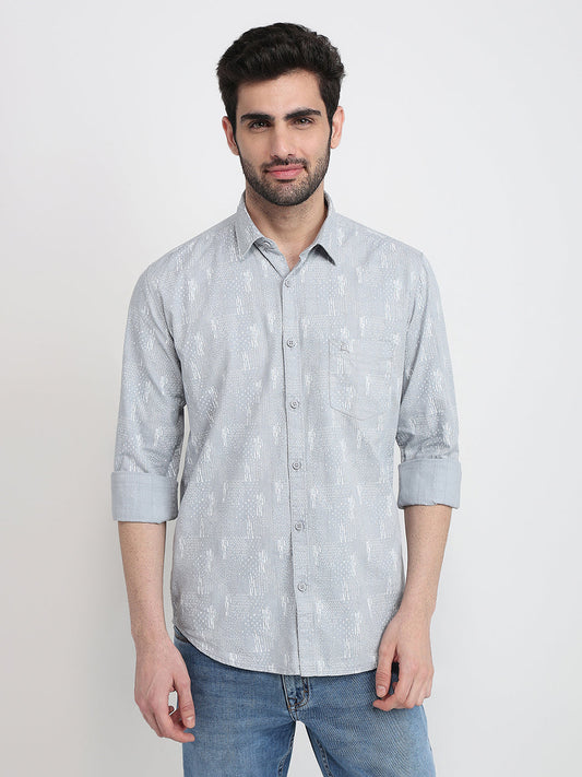 Parx Men Grey Printed Slim Fit Cotton Full Sleeve Cut Away Collar Casual Shirt