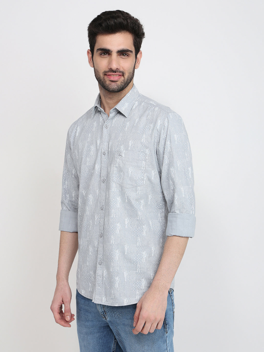 Parx Men Grey Printed Slim Fit Cotton Full Sleeve Cut Away Collar Casual Shirt