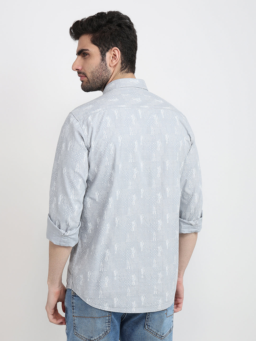 Parx Men Grey Printed Slim Fit Cotton Full Sleeve Cut Away Collar Casual Shirt