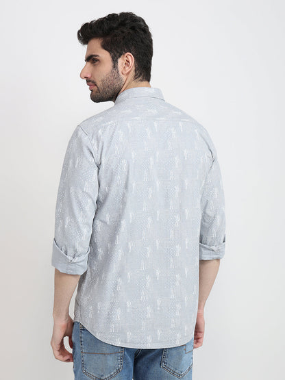 Parx Men Grey Printed Slim Fit Cotton Full Sleeve Cut Away Collar Casual Shirt
