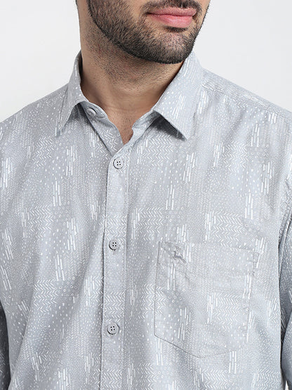 Parx Men Grey Printed Slim Fit Cotton Full Sleeve Cut Away Collar Casual Shirt