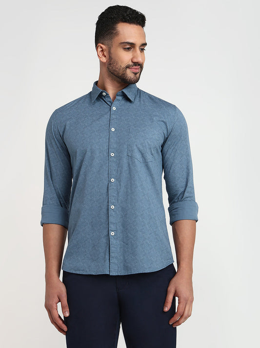 Parx Men Blue Printed Slim Fit Cotton Casual Shirt