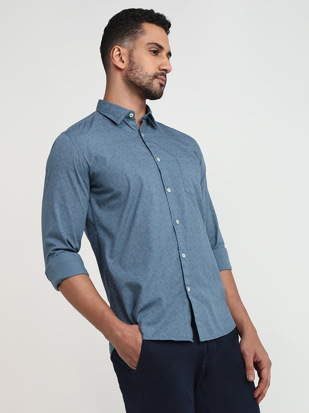 Parx Men Blue Printed Slim Fit Cotton Casual Shirt