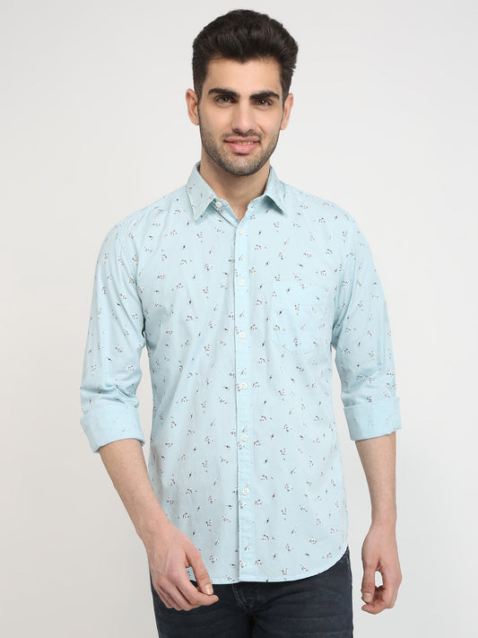Parx Men Blue Printed Slim Fit Cotton Casual Shirt
