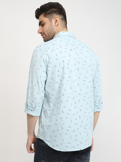 Parx Men Blue Printed Slim Fit Cotton Casual Shirt