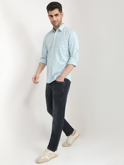 Parx Men Blue Printed Slim Fit Cotton Casual Shirt