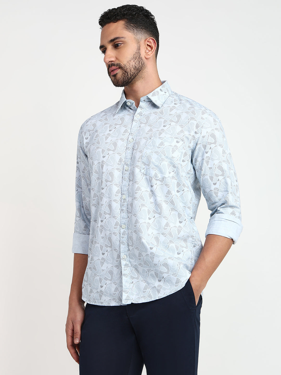 Parx Men Blue Printed Slim Fit Cotton Casual Shirt
