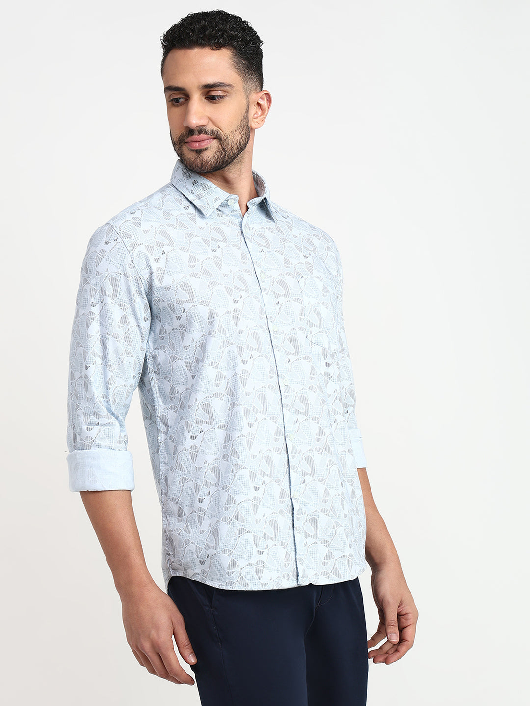 Parx Men Blue Printed Slim Fit Cotton Casual Shirt