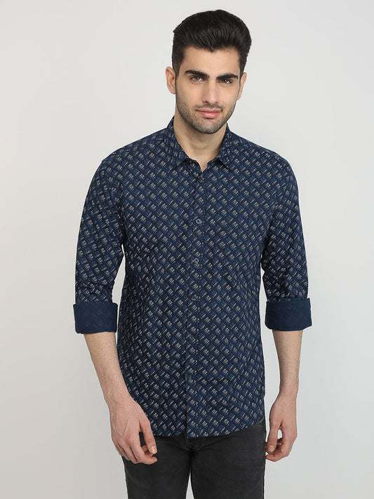 Parx Men Blue Printed Slim Fit Cotton Casual Shirt