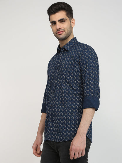 Parx Men Blue Printed Slim Fit Cotton Casual Shirt